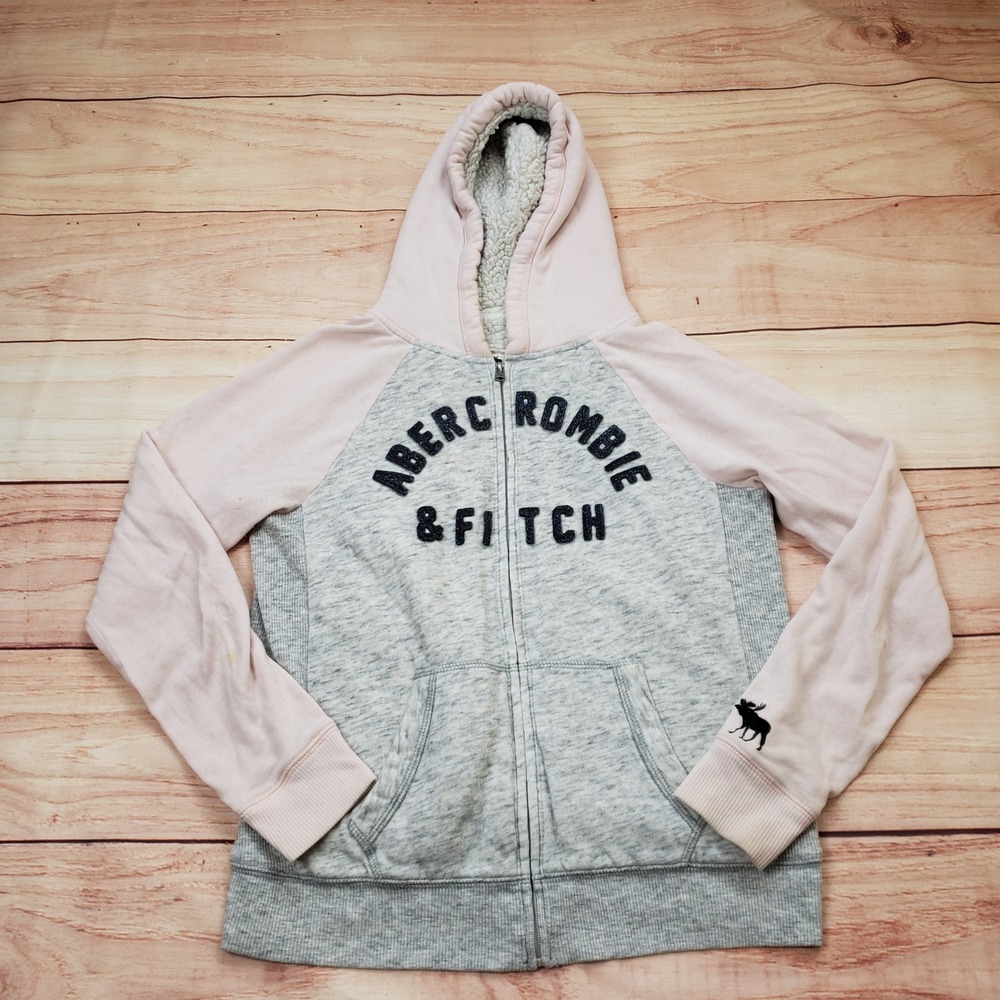 Abercrombie Kids Sweater Girls Size 15/16 Grey Pink Sherpa Lined Full Zip Hoodie